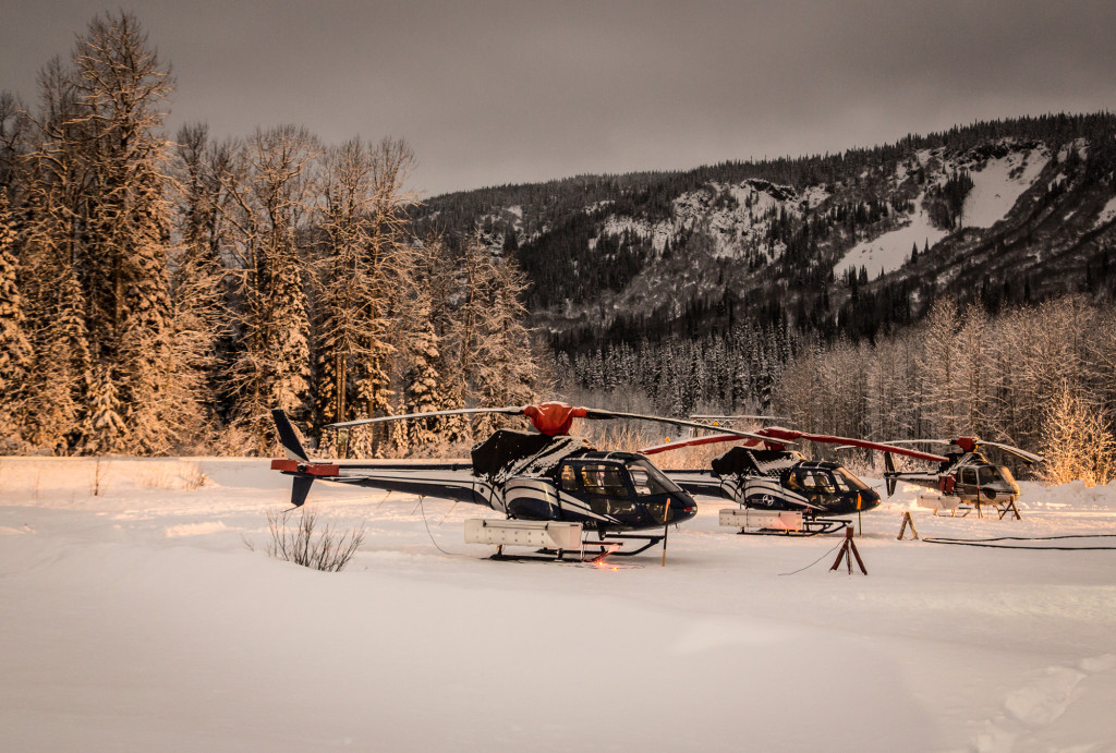 Conditions Update At Last Frontier Heliskiing 14 Our As350 'A-Stars', All Tucked In After A Day Of Shredding. Photo - Steve Rosset