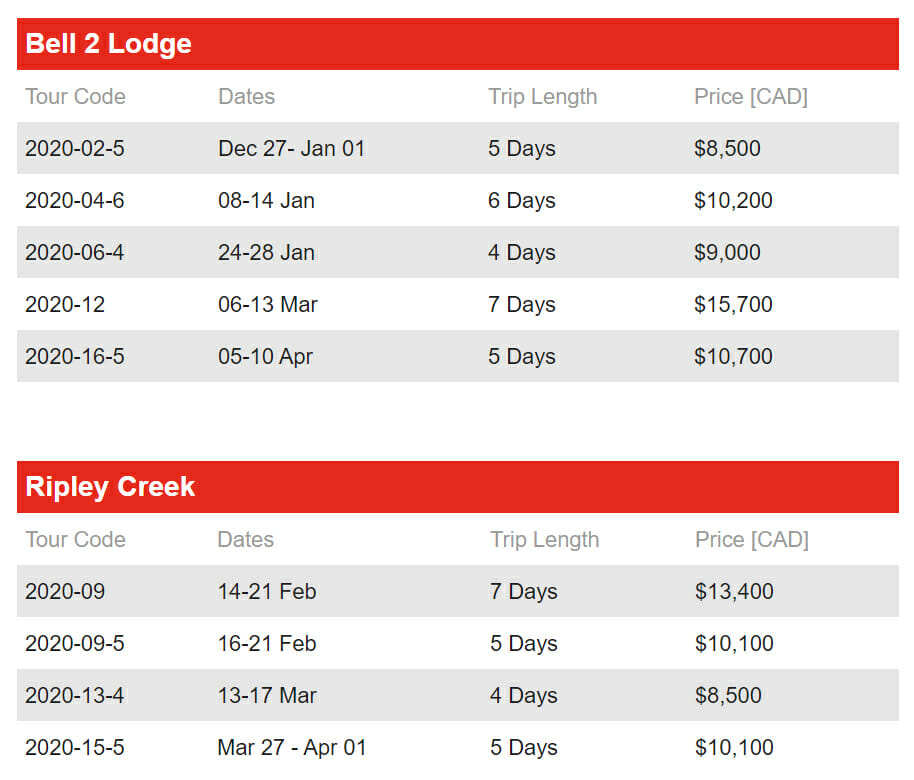 Heli Skiing Availability And Pricing - September 2019